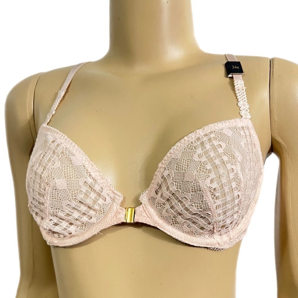 Victoria’s Secret Very Sexy Lace Mesh Unlined Front Closure Demi bra Peach 34D